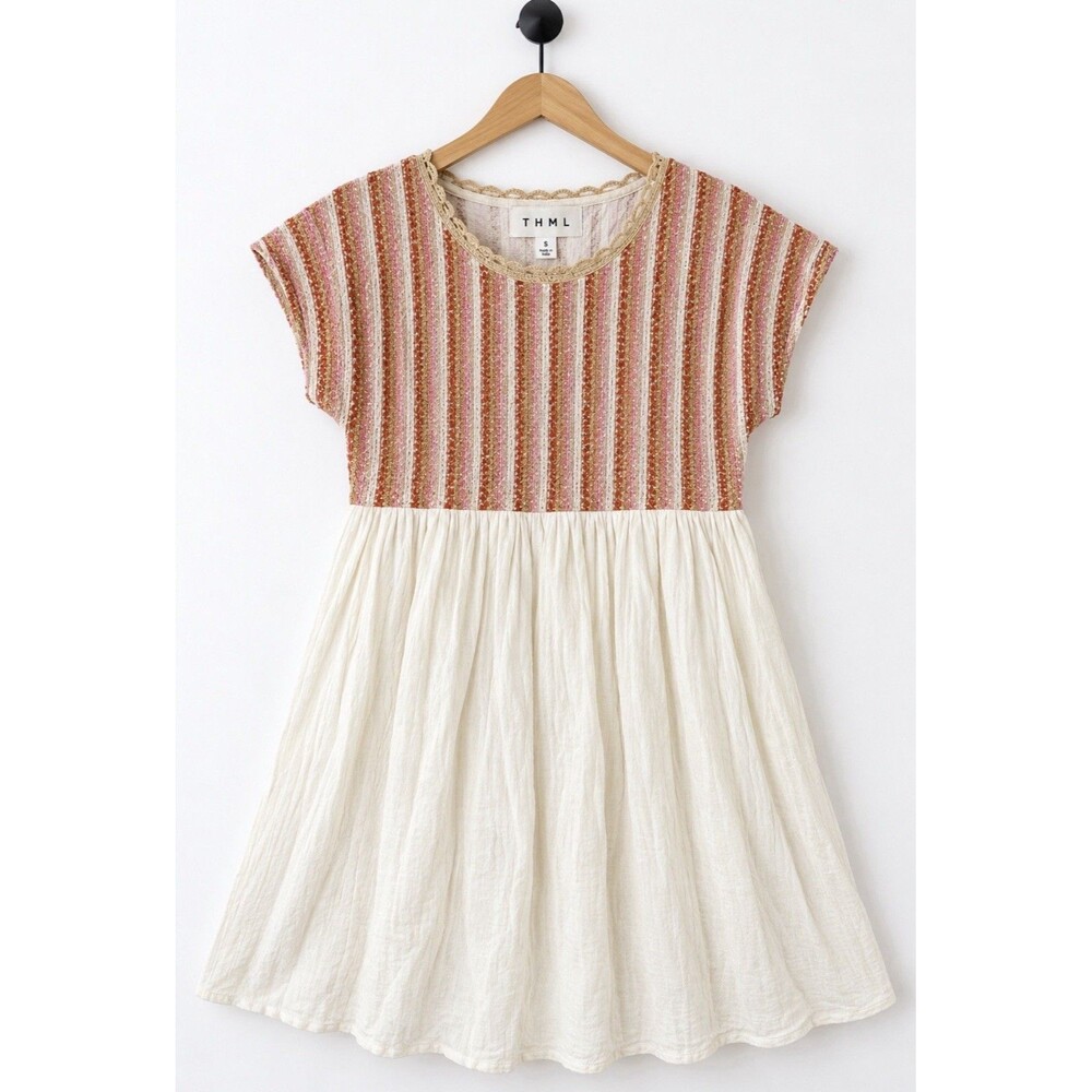 THML Women S Boho Metallic Striped Crochet Gauze Babydoll Empire Dress Cottage